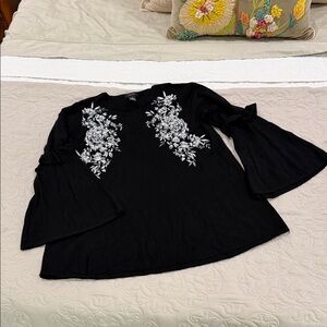 Black Floral Embroidered Bell Sleeve Top